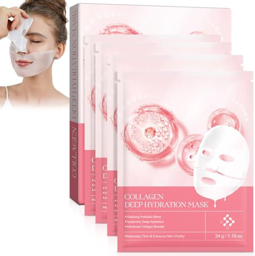 Maschera viso al collagene biologico, 4 pezzi, maschera da avvolgere al collagene, maschera idratante per il viso, riduce le linee sottili e le rughe, minimizza i pori, migliora l'elasticità, maschera