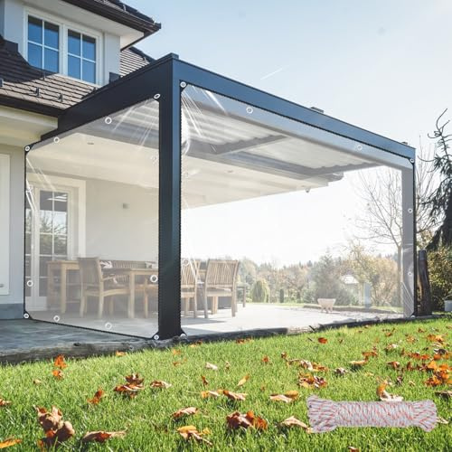 KJLEEN 3m×3m Clear Tarpaulin Waterproof Heavy Duty 440g/m² PVC Transparent Tarpaulin Clear Tarp with Reinforced Eyelets & Rope, Windproof Pergola Cover Gazebo Side Panels for Garden Greenhouse（3×3m)