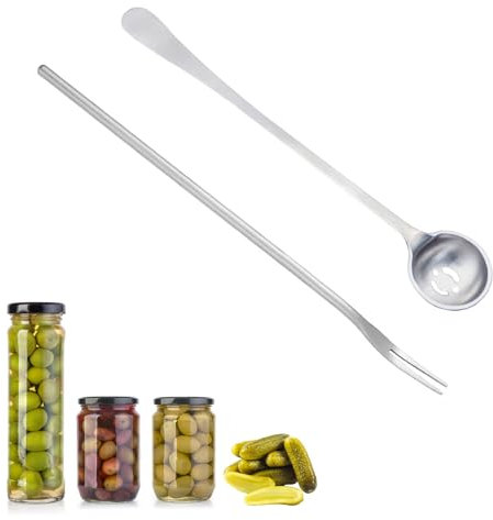 2 tenedores de pepinillos y cuchara de oliva, cucharas de oliva con agujeros, tenedores de pepinillos para el tarro, recogedor de alimentos de acero inoxidable con mango largo para pepinillos