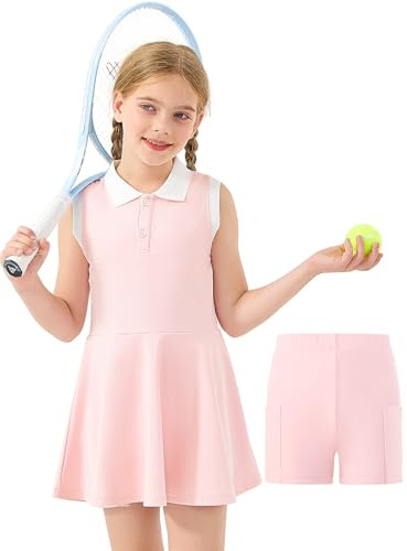 GroYolan Vestito da Tennis per Bambina con Pantaloncini Abito Ragazze Sportivo Senza Maniche Polo Golf Dress con 2 Tasche 5-15 Anni