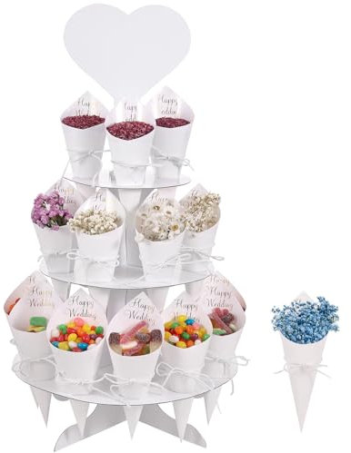 JANUIXCO Conos Arroz Boda - 24 Piezas de Papel Kraft con Soporte, Pegatinas y Cuerda de Yute - Conos de Confeti Boda para Pétalos, Chocolates, Dulces, Decoración Fiesta (Blanco)