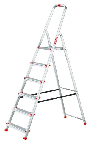 Baulich - Aluminiumstege - 6-stegs Enkelsidig Hushållsstege, 4 Krokar och Fötter Ingår - Ergonomisk Design, Lätt att Transportera - 191x48x12cm - Lastkapacitet upp till 125 kg