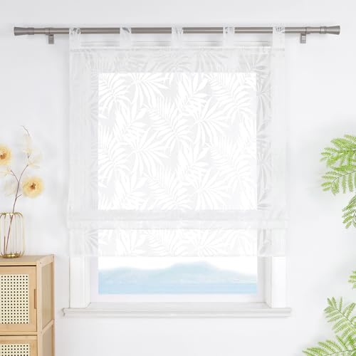 ESLIR Raffrollo mit Schlaufen Ausbrenner Weiß Raffgardinen Landhausstil Transparent Gardinen Wohnzimmer Schlaufenrollo für Fenster ohne Bohren BxH 140x140 cm 1 Stück