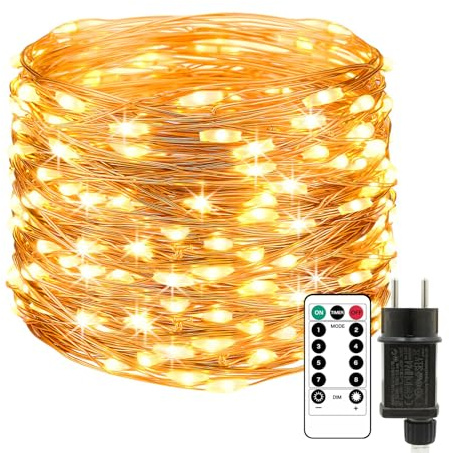 Liyade Kupferdraht-Lichterkette 10 m 100 LED, Warmweiß, Timer | Wasserdicht, 8 Modi, Fernbedienung und 4 Helligkeitsstufen, für Innen und Außen