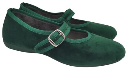 Originaux Mary Jane Ballerines pour femme à la maison, élégantes Frioulanes avec sangle, pantoufles basses en velours, fabrication artisanale, vert, 36 EU