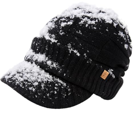 TOP-EX DryKnit™ Schwarz wasserdichte Wollmix Strickmütze mit Schirm Fleece Gefüttert Wintermütze Herren Damen Wandern Kaltes Wetter M/L