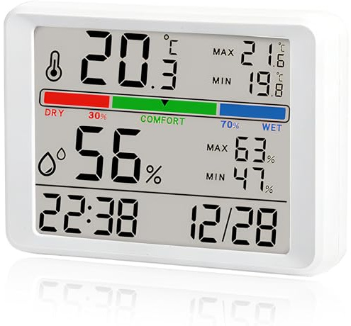Humidity and Temperature Monitor Hygrometer Indoor Digital Room Thermometer with High Low History, Humidity Temperature Gauge Meter Wireless for Home, Touch LCD with Calibration Backlight Clock