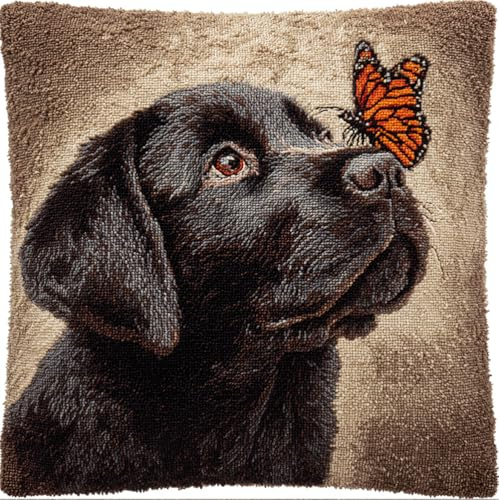 Taxpy Diy Knüpfen Set Erwachsene Labrador Retriever Blickt Mit Einem Schmetterling Nach Oben 43X43Cm Knüpfkissen Set Süße Tiere Diy Wurfkissenbezug，Sofakissenbezug Mit Bedruckter Leinwand Für Anfä