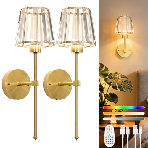 LGMCF Battery Operated Wall Lights, 6000mAh Rechargeable Wall Light with Remote, 15 RGB Colours Dimmable Wireless Wall Lights with Glass Shade for Bedroom, Living Room, Hallway