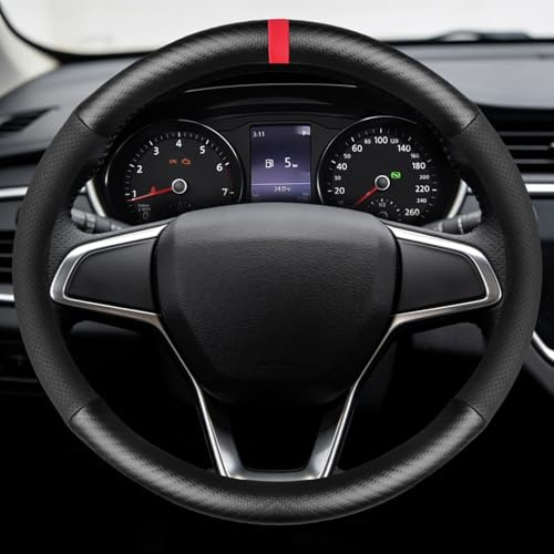 SDLDEER Auto Lenkradbezug 37-38 cm Universal Lenkradbezug Leder Steering Wheel Cover Kunstleder rutschfest Bequem für Sommer & Winter (Schwarz & Rot)