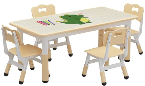 RBFGYIOP Set Tavolo e 4 Sedie per Bambini - Altezza Regolabile - Tavolo Multiuso per Attività, Arte, Studio - Superficie Facile da Pulire, Gambe Antiscivolo - Perfetto per Casa, Asilo, Cameretta -