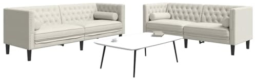 Kaloriko 2-TLG. Chesterfield-Sofa-Set mit Nackenrollen Creme Samt, 2-Sitzer und 3-Sitzer Polstergarnitur für Wohnzimmer, Couch mit bequemen Sitzflächen, platzsparend, gemütlich, langlebig