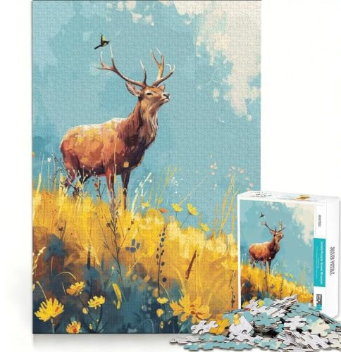 Puzzle per adulti da 1000 pezzi con cervo in un prato fiorito, gioco interattivo, attività per famiglie, idea regalo con Babbo Natale 38x26cm