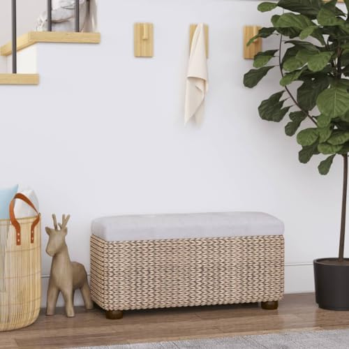 Kangardius Banco de madera contrachapada y totora de 69 cm de ancho, con práctico compartimento interior para zapatos, mantas y cojines