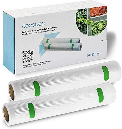 Cecotec Pack de 2 Rollos para Envasadora al vacío. Superficie gofrada, 6 metros de Largo, Permite hacer bolsas de tamaño personalizado, BPA Free (Anchura 20 cm)