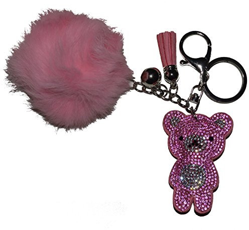 Taschenanhänger Schlüsselanhänger echtes Fell mit Strass Bärchen und Karabiner Handtaschenanhänger (Rosa)