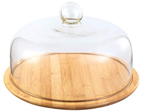 VOSAREA 1 lot de cloche en verre avec assiette en bois ronde transparente pour dessert, présentoir à gâteaux (transparent, 26 cm)