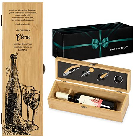 Maverton Astuccio Porta Vino Amore Completo di Accessori | Kit Cavatappi da Vino Personalizzato, Scatola in legno di bambù + 4 pezzi di Accessori Vino, regalo donna, Felicità