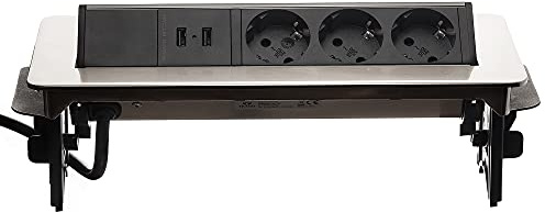 Möbel-Steckdose 3-fach und 2x USB silber für Büro oder Küche - Einbausteckdose versenkbar 2m Kabel Mehrfachsteckdose Einbausteckdose als Tischsteckdose - Steckdosenleiste