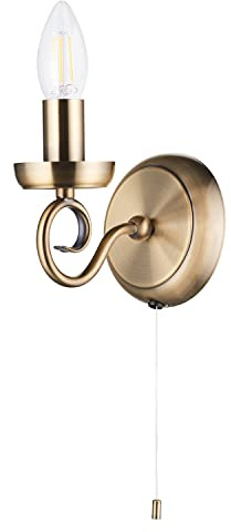 Happy Homewares Traditional and Vintage Antique Brass Wall Light Fitting with Scroll Arm and Pull Switch | SES 60w Maximum | 17cm x 14cm x 12cm