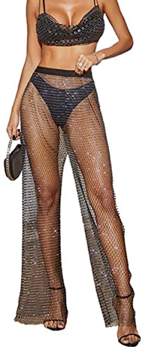 Las mujeres Pantalones de malla con Piedras de Rhinestone Golpe Pantalones de Malla Transparente Hueco Partes Inferiores de Diamante de Imitación Pantalones de Malla de Cristal Pantalones de Cintura