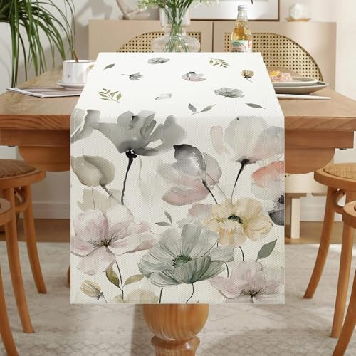 LOZULO Kräuter Wilde Blumen Tischläufer Modern Frühlingsdeko Tisch Wetterfest Tischläufer Leinen Abwaschbar Outdoor Tischdecke Frühling für Party Tischmatten Küche Läufer 40x180 cm