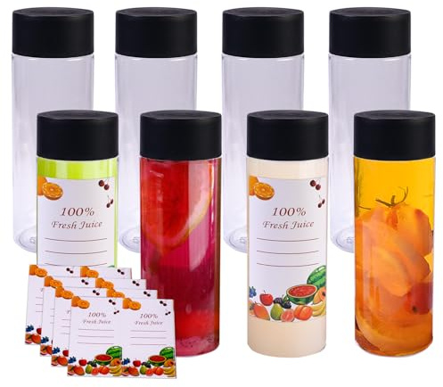 LFBEST Lot de 8 Bouteilles Sensorielle Vide, 300 ML Bouteilles de jus en Plastique Pet Transparentes, Bouteilles de Boissons vides réutilisables, avec couvercles Noirs et 8 étiquettes, pour jus, Lait