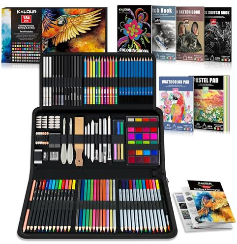 KALOUR 154-teiliges Kunstzubehör – Skizzier- und Zeichen-Set mit Skizzenbuch, Tutorialbuch, Malpapier – Graphit, Farb-, Kohle-, Aquarell- und Metallic-Bleistifte – Zeichenwerkzeuge für Künstler und