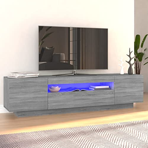 Homgoday Meuble TV avec Lumières LED Sonoma Gris 160x35x40 cm Banc TV, Support de Télévision avec Étagère et 2 Compartiments avec Portes, Armoire TV pour Salon, Chambre