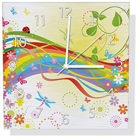 Wallario Design Wanduhr Regenbogen im Sommer - Bienchen und Blümchen aus Aluverbund, Alu-Uhr Größe 30 x 30 cm, weiße Zeiger mit Metalloptik