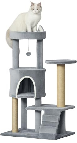 PawHut Árbol Rascador para Gatos Mediano Árbol para Gatos de 5 Niveles Torre para Gatos con Plataformas Nido Postes de Yute Escalera y Bola Colgante Gris