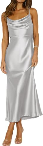 Mogidol Sommar, satin, spagettirem, kåpa, hals, rygglösa midi-klänningar för kvinnor, elegant knytband, låg rygg, rynkad cocktailklänning, SILVER, S