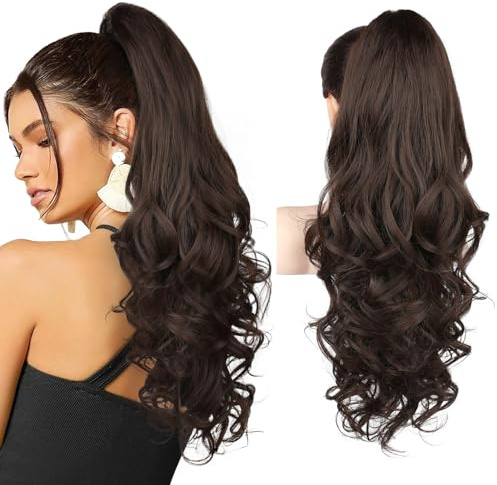 Ponytail Extension, 61cm Lange Zopf Pferdeschwanz Haarverlängerung Natürliches Clip in Pferdeschwanz Haarteil Kunsthaar für Damen, Dunkles Schokoladenbraun