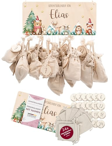 Kidsmood – Personalisierter Adventskalender 2025 aus Holz mit niedlichen Tiermotiven | Weihnachtskalender zum Befüllen mit Geschenktüten & Holzzahlen | Nachhaltige Weihnachtsdeko für Kinder & Familie