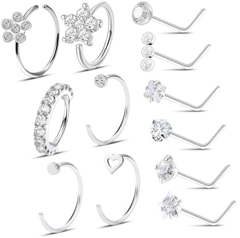 kodivenj 12 Stück Nasenpiercing,Chirurgenstahl Nasenring Piercing Set 20G L Förmiger Nasenstecker Nasenring CZ Silber Nostril Piercing Schmuck Nasenstecker mit Zirkonia für Frauen und Männer