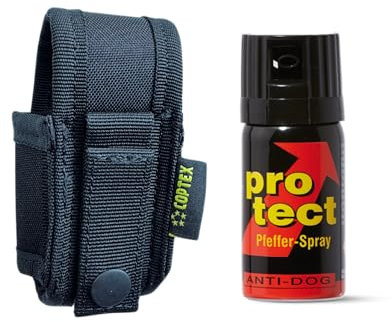 Protect Pfefferspray Breitstrahl/Direktstrahl 40 ml + hochwertiges Coptex Holster 40 ml Etui schwarz Polyester für Gürtel und Molle System (Breitstrahl 40ml + Holster)