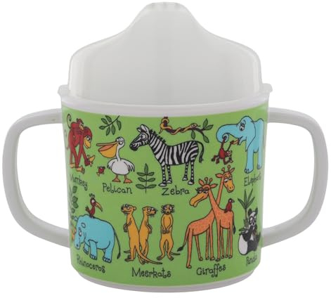Tyrrell Katz Two-Handled Sippy Cup for Toddlers, Free Flow (No Valve), Removable Lid for Transition to Open Beaker, Anti-Slip Base, BPA Free, Detailed Jungle Illustrations