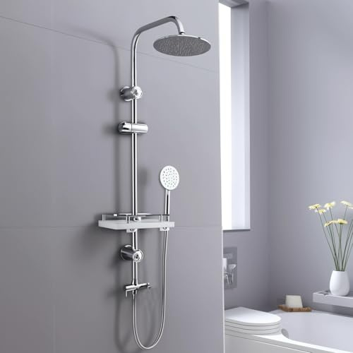 Megistore | Colonna Doccia Con Soffione e Doccetta Tondo Acciaio Inox Anticalcare e Mensola Porta Flacone Con Ganci Per Spugna, Altezza Regolabile Che Permette Di Utilizzare Fori Pre Esistenti