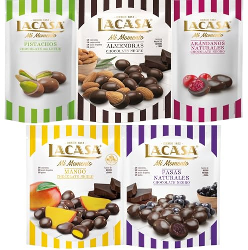 Lacasa Mi Momento pack de 5:Arándano choco Negro 60G,Pistacho Leche 50G,Pasas choco Negro 150G,Almendra choco Negro 125G,Mango choco Negro 115G