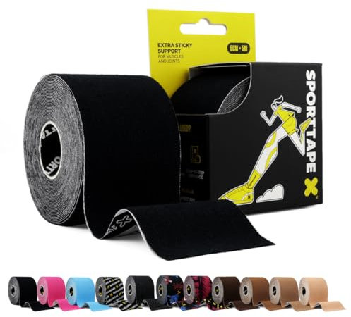 SPORTTAPE Kinesiology Tape, 5cm x 5m, Black - Waterproof & Hypoallergenic Kinetic Physio Tape for Muscle Injury Recovery, Sports Strapping, Knee Pain, Joint Support & Blisters - Single Uncut Roll