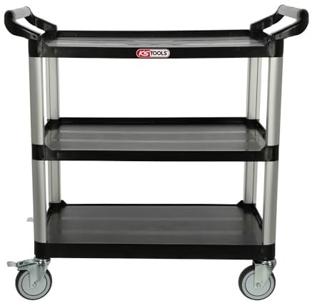 KS TOOLS - 890.0025F - Chariot d'atelier - Desserte à roulettes ouverte à 3 plateaux - Gain de rangement pour atelier - Chariot à roulettes avec charge de 50kg par tiroirs