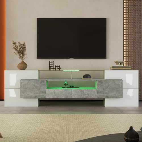 Aurofurz TV Schrank, Fernsehtisch mit 2 Schließfach, 200cm lang, verstellbare Ablagen, Hochglänzendes LED-TV-Lowboard für Wohnzimmermöbel und Esszimmer,Schlafzimmer