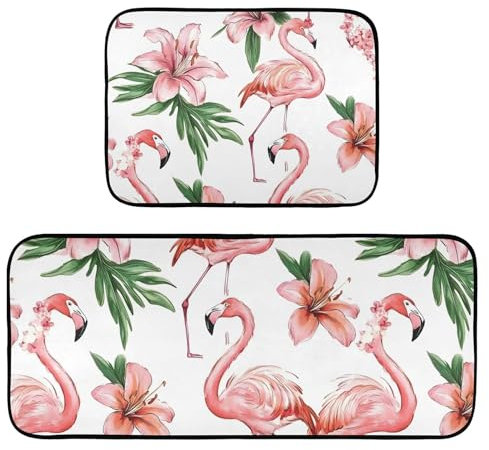 Küchenteppiche, 2 Stück, rutschfest, waschbar, Flamingo-Blume, Rosa, eine Anti-Ermüdungsmatte für Küche, Flur, Läufer Set
