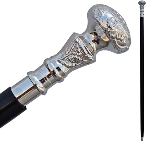 Vintage Walking Stick - Wooden Cane with Silver Brass Handle - Black Wood - Victorian Fancy Cane for Men and Women