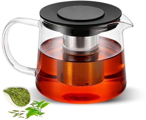 Jarra de cristal de 1,5 L con colador, cristal de borosilicato, protección contra sobrecalentamiento, infusor de té para hojas sueltas, tetera de cristal borosilicato, tetera de cristal para té suelto