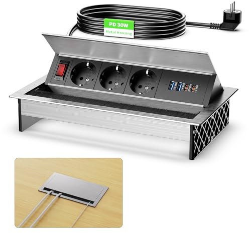 Sänkbart uttag i aluminium med 2 USB-C PD 30 W och 2 USB-A, inbyggt uttag 3 fack med USB och strömbrytare, bordsuttag sänkbart med USB för konferensrum hem kontor, 1,8 m kabel, 2 400 W/10 A