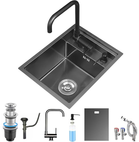 YINXSLO Camping Spülbecken Edelstahl Spüle mit Armatur Set und Abdeckung | Spülbecken Schwarz Versteckte Spüle Klein Multifunktionale Bar/Wohnmobil Spülbecken mit Ablaufgarnitur