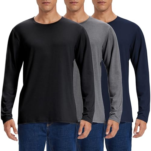 3-pack långärmade tröjor bomull t-shirt rund hals basic långärmad perfekt för arbete fritid undertröjor sport bomull långärmad t-shirt set män, Svart/marinblå/mörkgrå, XL