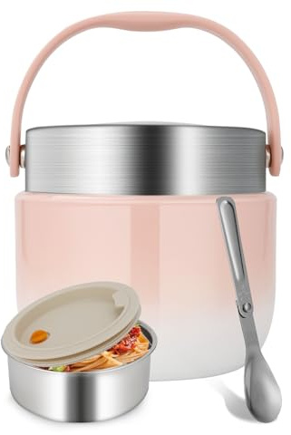 Ezvsevuo Termo Comida Caliente 1200ml, Térmico para Alimentos Acero Inoxidable, Fiambrera Térmica con Cuchara Plegable, Termo de Comida para Adultos y Niños (Rosa)