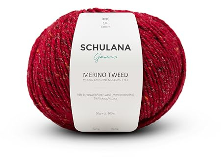 Merino Tweed Garn mulesingfrei extrafeine Merinowolle mit bunter Tweed-Optik weich elastisch Strickgarn für Pullover Jacken Accessoires Handstrick und Häkeln, Rot